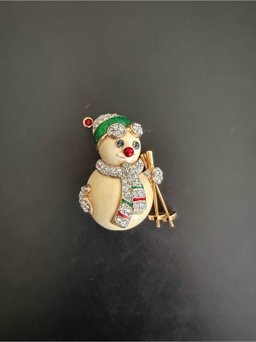 Swarovski Festive Snowman Brooch Pin with Green Hat and Red Accents